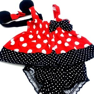 Disney Minnie Mouse Baby Dress 3pc Outfit Size 3/6m Matching Headband Ears